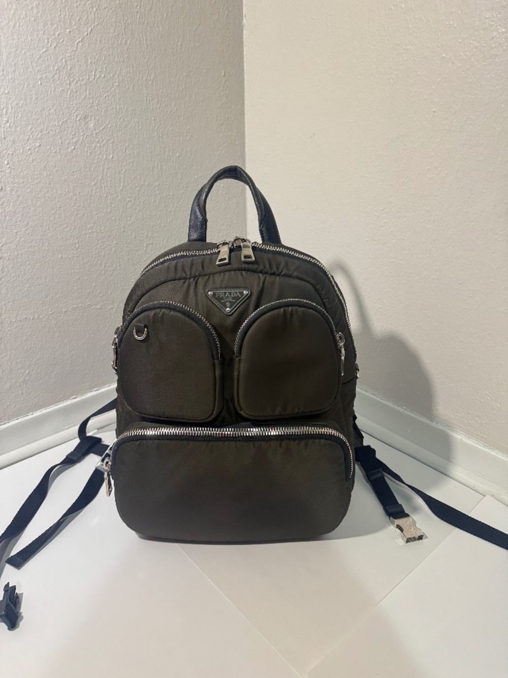 Authentic green nylon Prada backpack